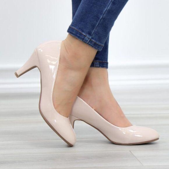 Shoes - Nude Paten Round Toe Kitten Low Heel Pumps